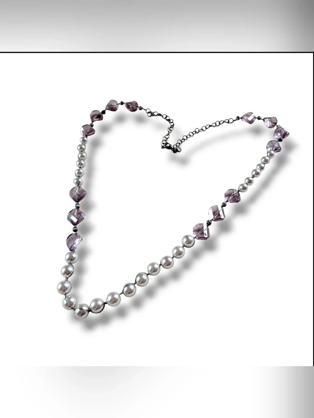 LOFT | Long Elegant Silver Tone Lavender Crystal & Faux Pearl Necklace - Picture 3 of 9